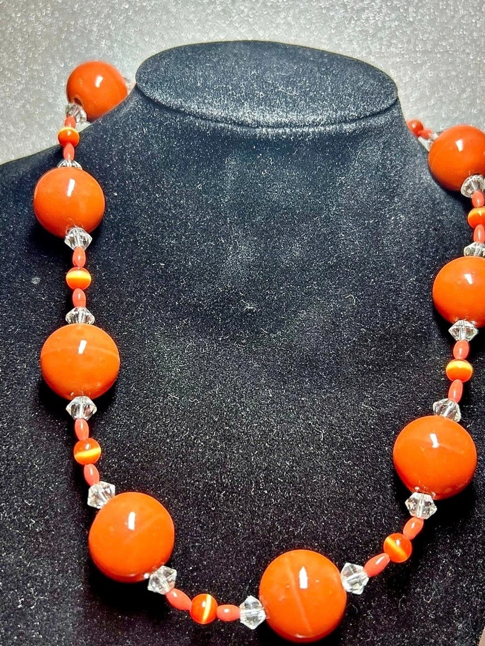 Orange Calcite Necklace-Cat's Eye glass/Crystal spacers-Non- Magnetic 68.8g